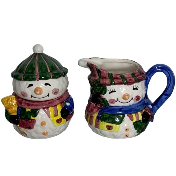 Vintage Snowman Cream Pitcher Sugar Bowl Set Artisan Ceramic Winter Christmas - Picture 3 of 16